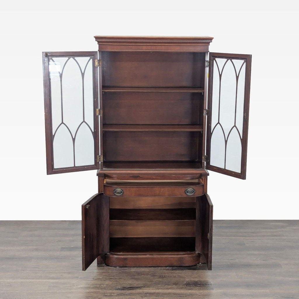 2. Classic Drexel hutch open to show three shelves, a drawer, and a roomy two-door lower cabinet.