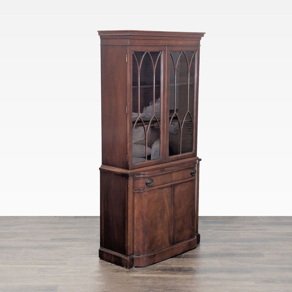 3. Side angle of a Drexel hutch & armoire, featuring decorative glass doors and lower drawer storage.