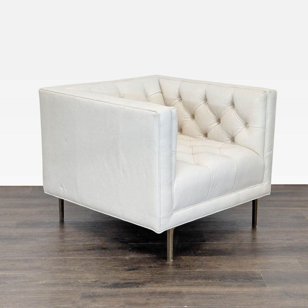 Side angle showing the modern silhouette and premium upholstery of the Mila lounge chair by Elite Leather Company.