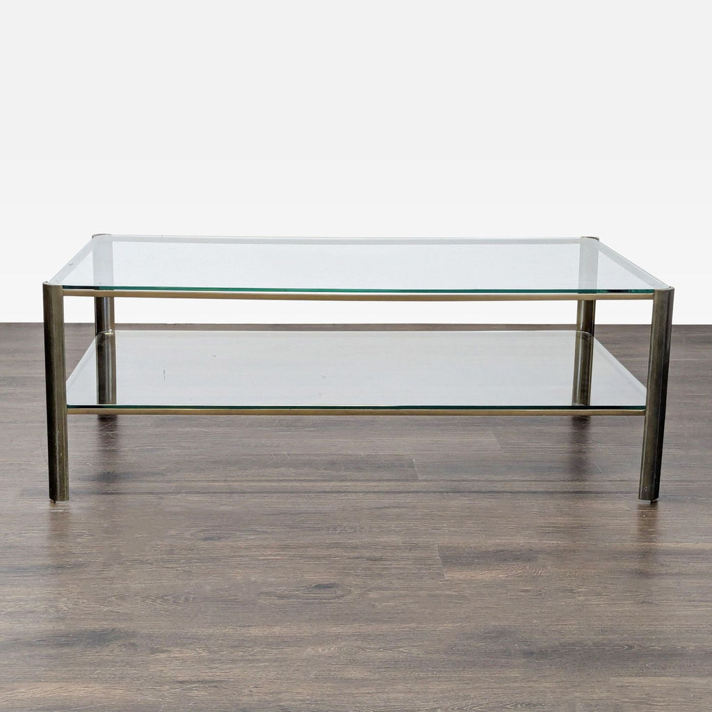 1. Rectangular glass coffee table with metal frame and lower shelf, set on a dark wood floor.
