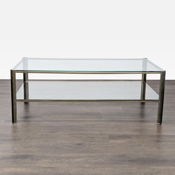 1. Rectangular glass coffee table with metal frame and lower shelf, set on a dark wood floor.