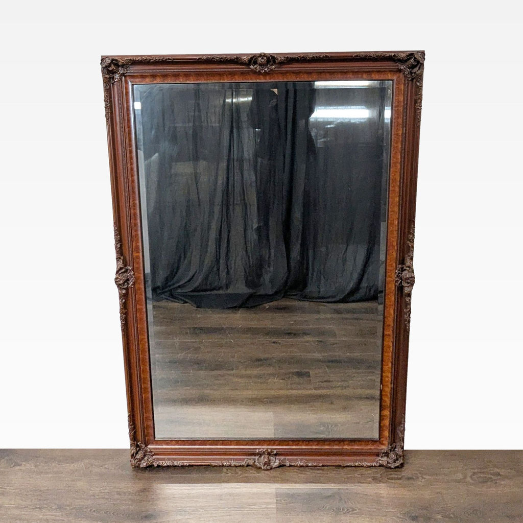 Ornate carved wood and burl frame mirror from Flavia D'Oro Arts.  