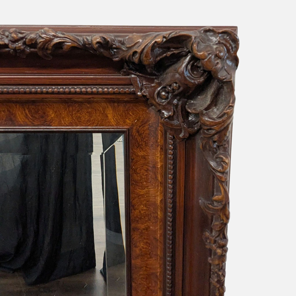 Mirror featuring intricate carved wood and burl frame, Flavia D'Oro Arts.