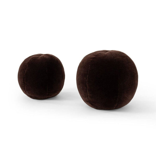 Set of two round brown boucle throw pillows from Four Hands, perfect for modern decor on beds or sofas.