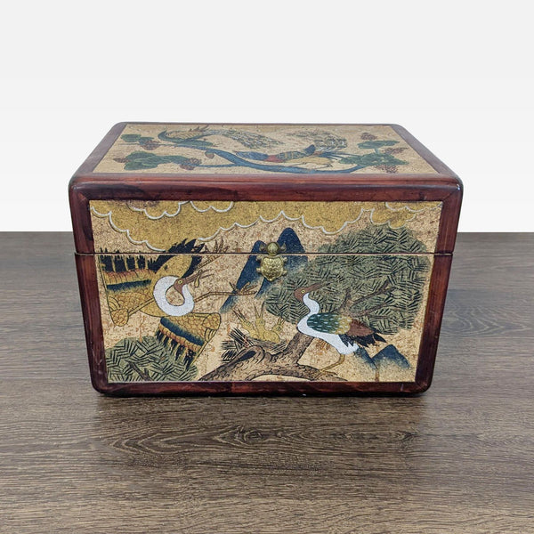 Hand-painted cork box with cranes and phoenix, featuring Chinese character paper lining and a removable tray.  