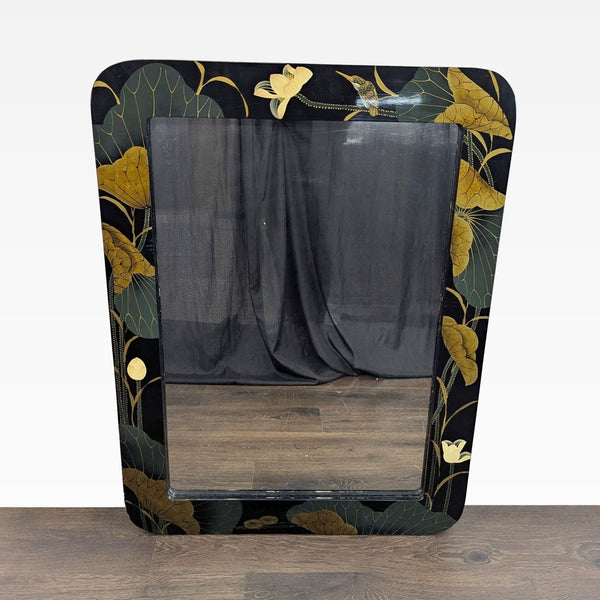 Contemporary mirror featuring stylized floral and bird motifs in an artistic design.  