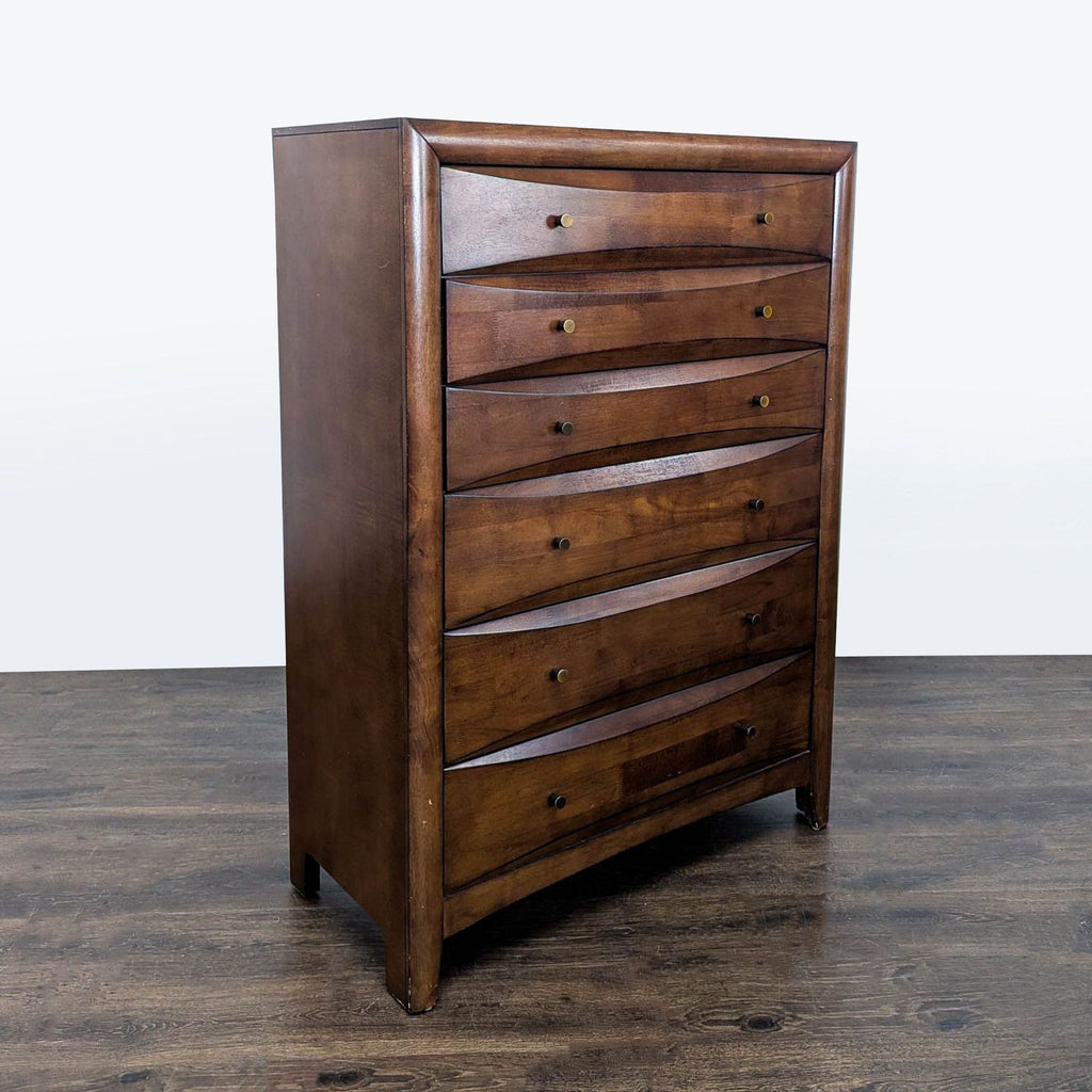 Contemporary walnut dresser by Coaster, featuring six roomy drawers and simple round handles for organized storage.