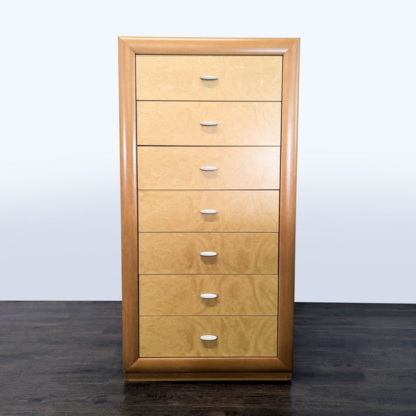 Tall wooden Calligaris dresser with 7 drawers, natural finish, and modern metal handles, ideal for bedrooms.