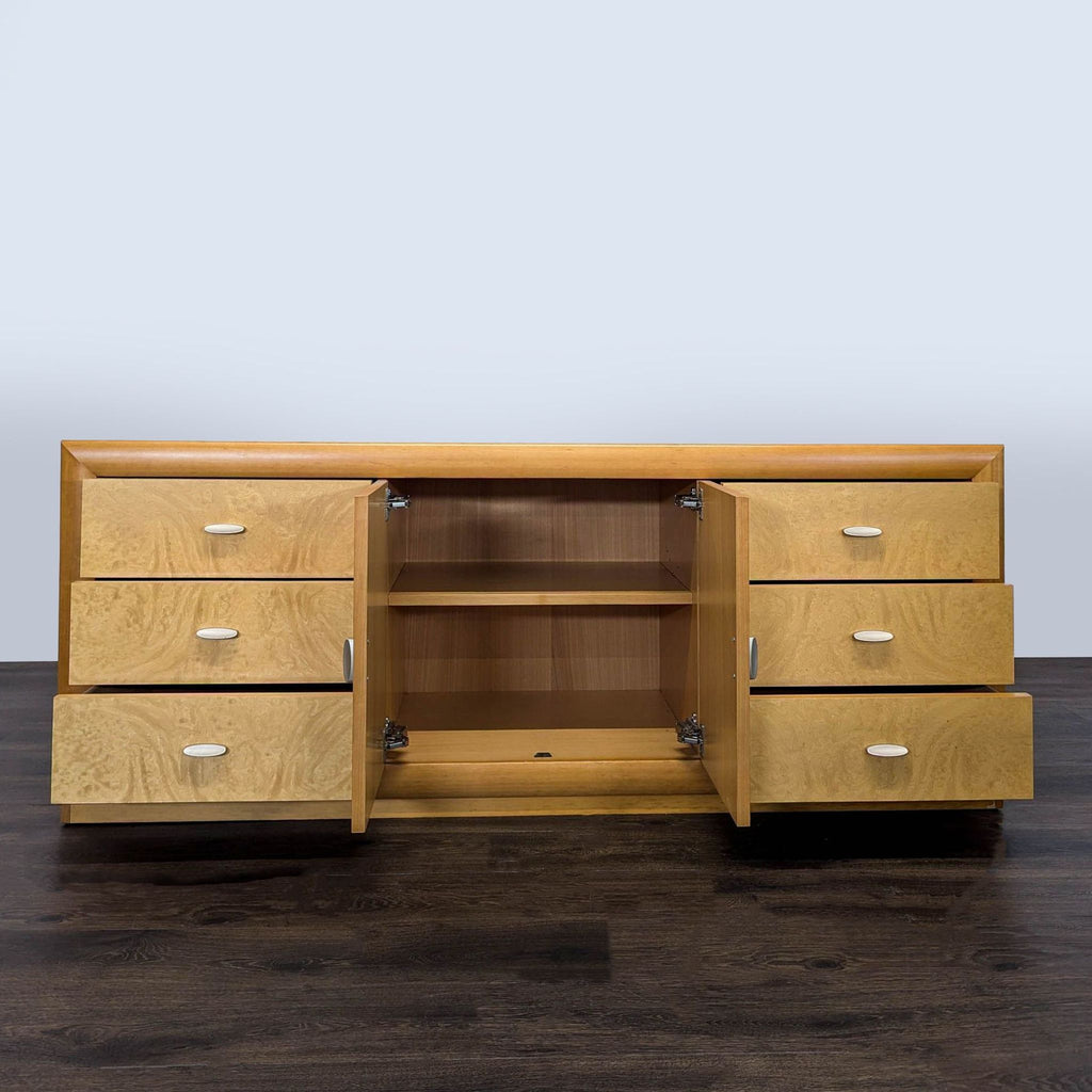 Calligaris Italian Furniture dresser, light wood, featuring spacious drawers, double-door cabinet, and sleek metal handles.