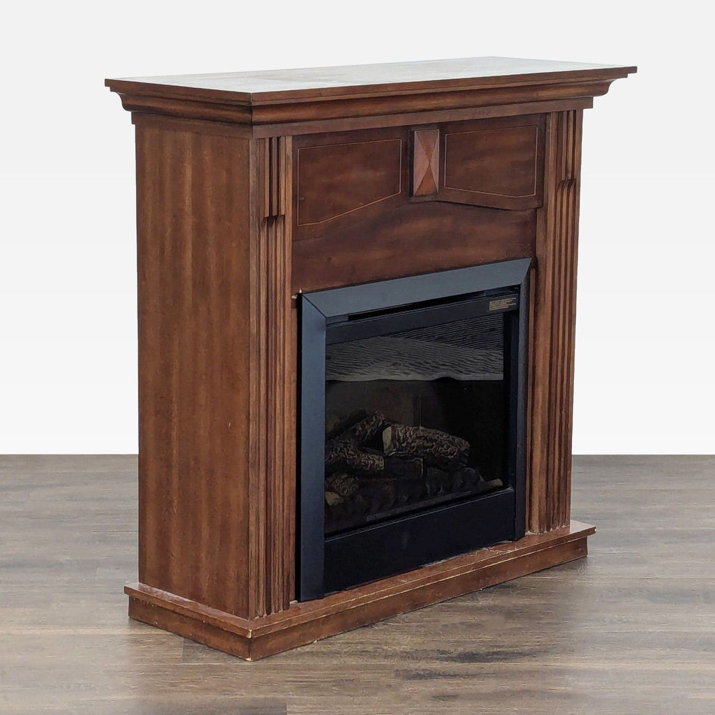 Classic Dimplex electric fireplace in a wooden mantel, offering realistic flames and efficient heating.
