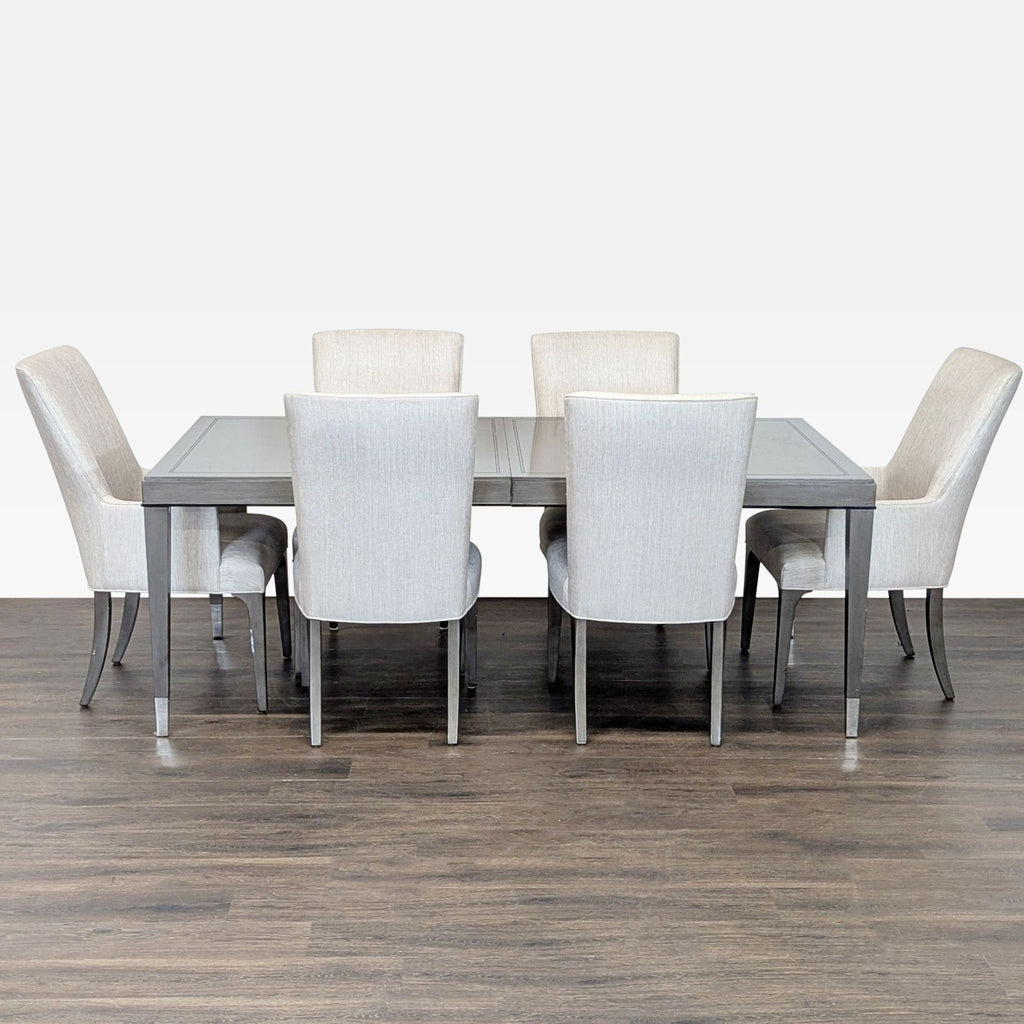 Lexington Dining Set with rectangular grey wood table and six cushioned chairs in light neutral fabric.