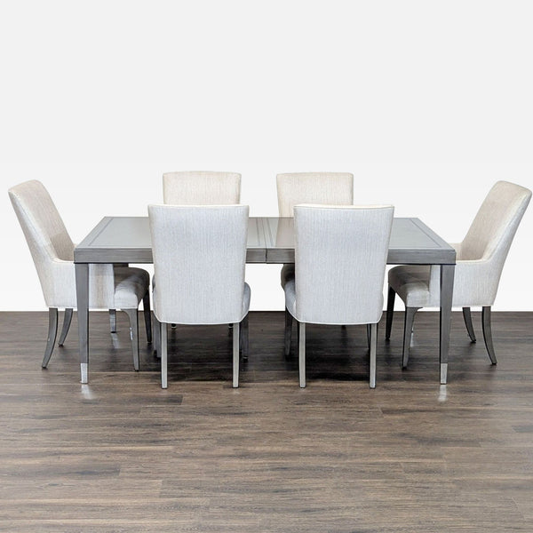 Lexington Dining Set with rectangular grey wood table and six cushioned chairs in light neutral fabric.