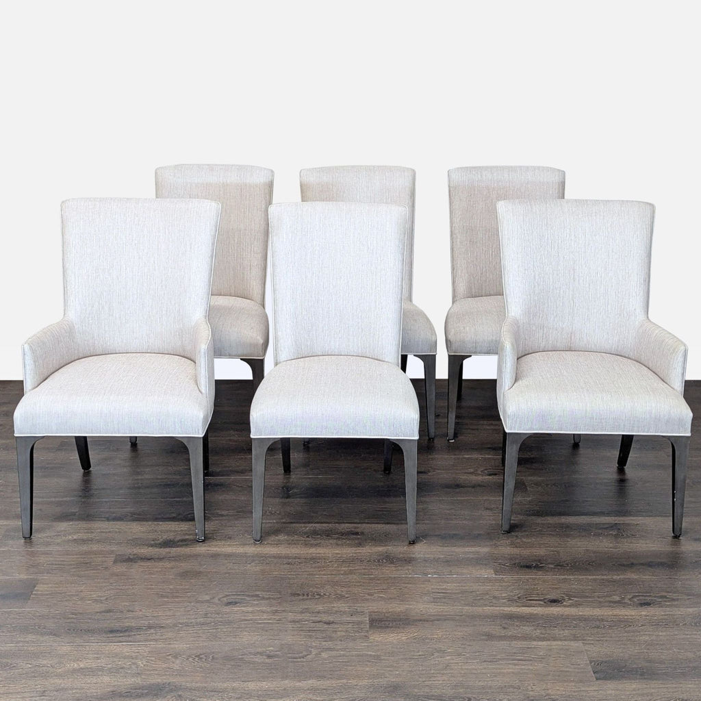 Contemporary grey wood dining table with six comfortable, neutral-upholstered chairs by Lexington.