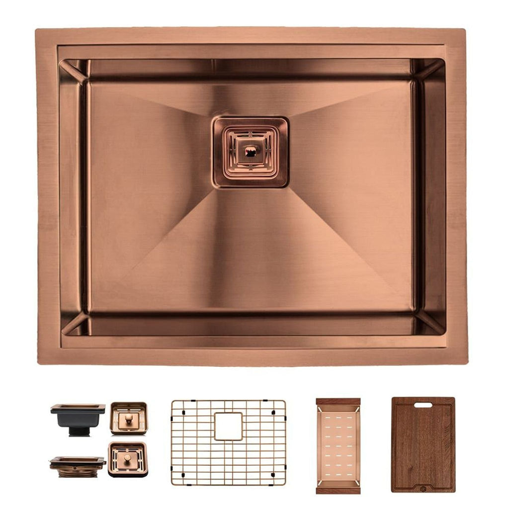 New S Strictly Kitchen + Bath copper sink includes grid, cutting board, and drying rack; modern and functional.