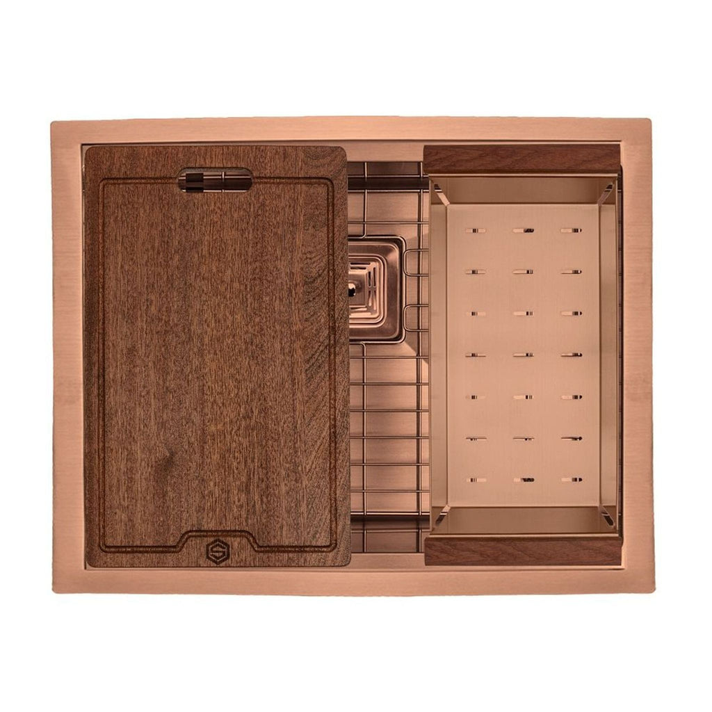 Copper kitchen sink set with grid, cutting board, and drying rack from S Strictly Kitchen + Bath.