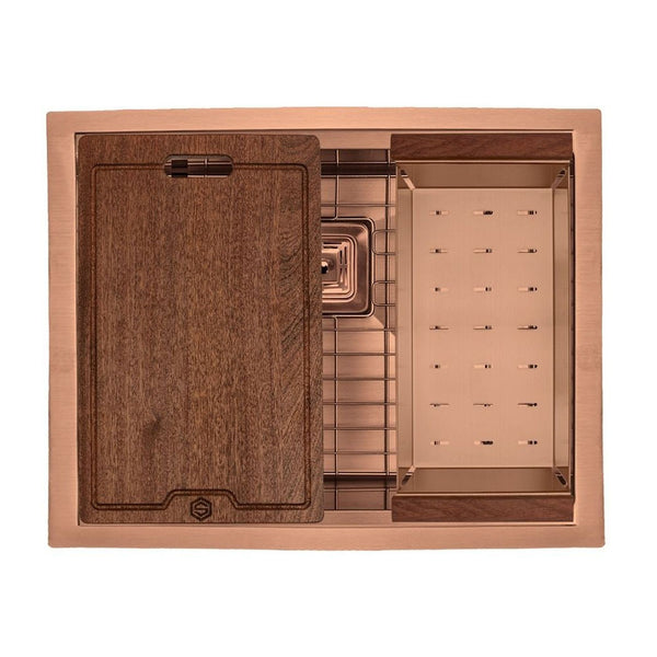 Copper kitchen sink set with grid, cutting board, and drying rack from S Strictly Kitchen + Bath.