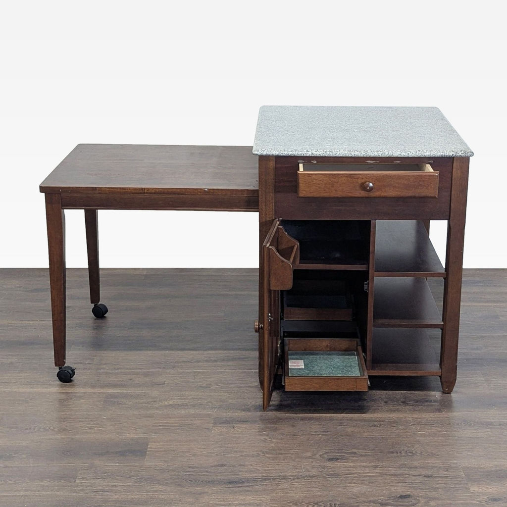 Expandable Wooden Kitchen Island Cart with Granite Top and Storage Shelves