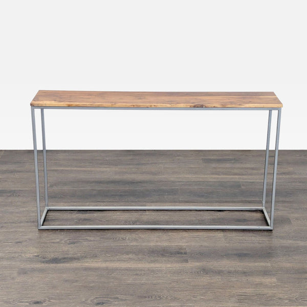 CB2 side table with a wood top and sleek metal frame.  
