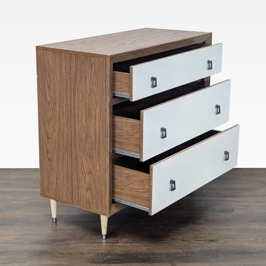 Modern Baxton Studio dresser featuring a walnut finish, white fronts, and spacious storage drawers.