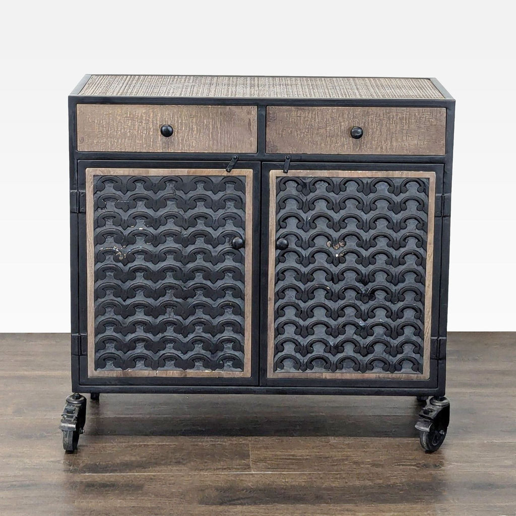 Textured wood cabinet doors with shelves, set on a metal frame, by Steve Silver.