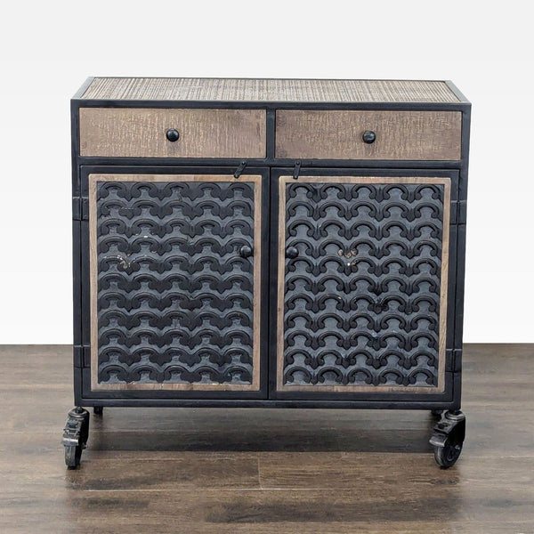 Textured wood cabinet doors with shelves, set on a metal frame, by Steve Silver.