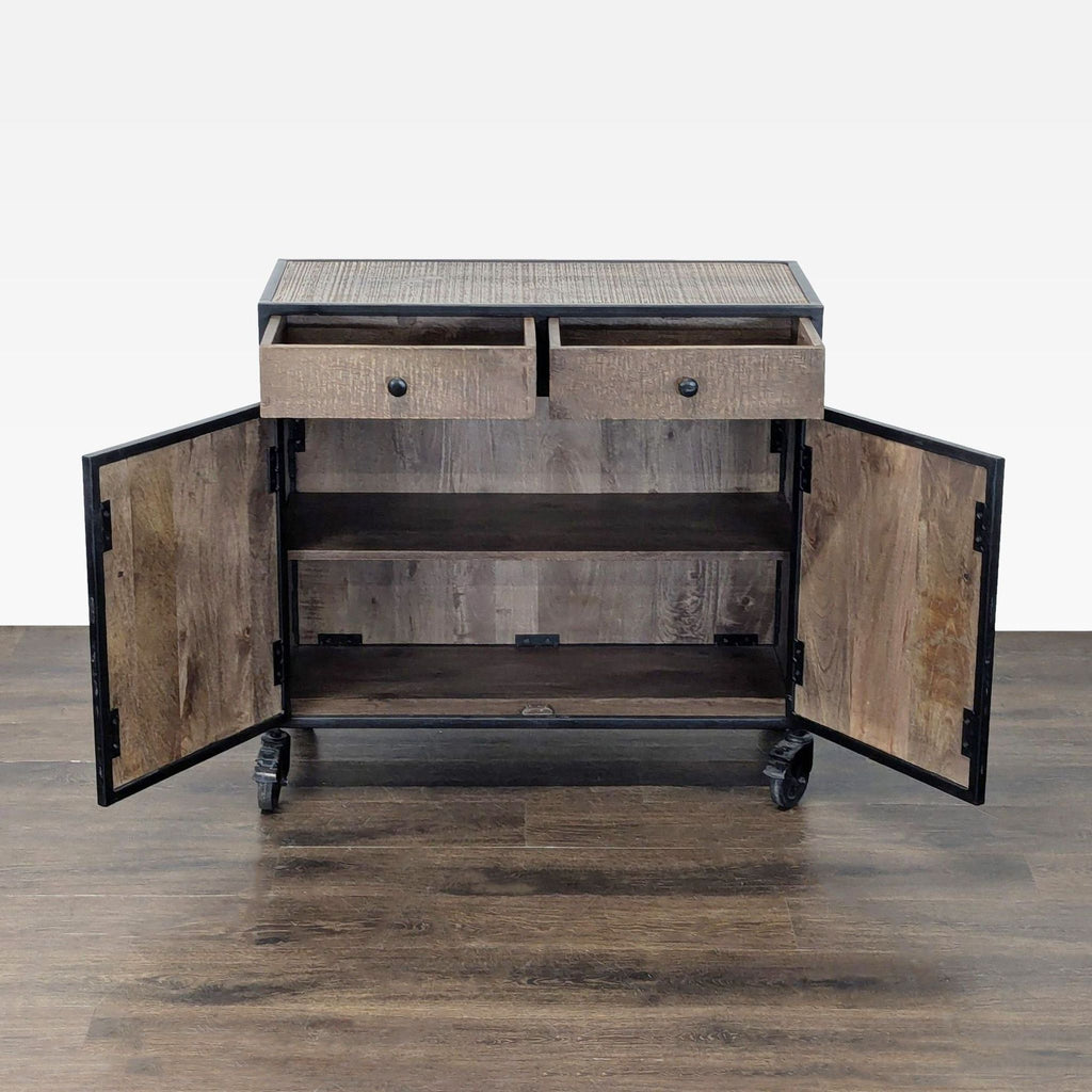 Steve Silver cabinet featuring interior shelving and textured wood doors with a metal base.