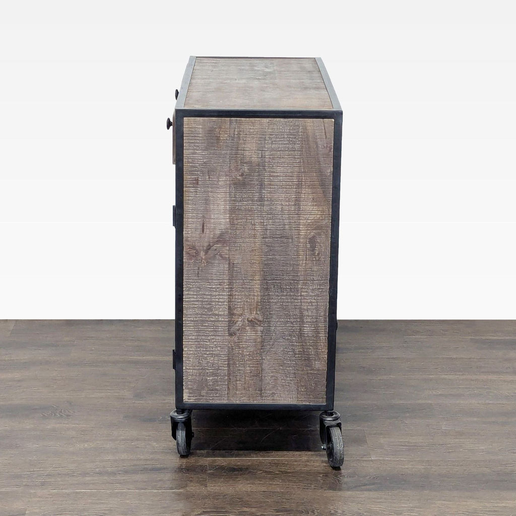 Modern cabinet with textured wood doors, interior shelves, and metal frame; Steve Silver brand.
