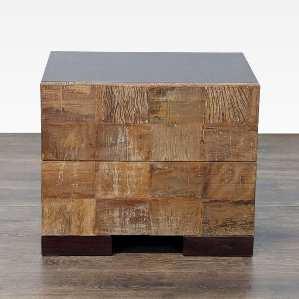 End table with two drawers featuring a colorful patchwork reclaimed wood front design.