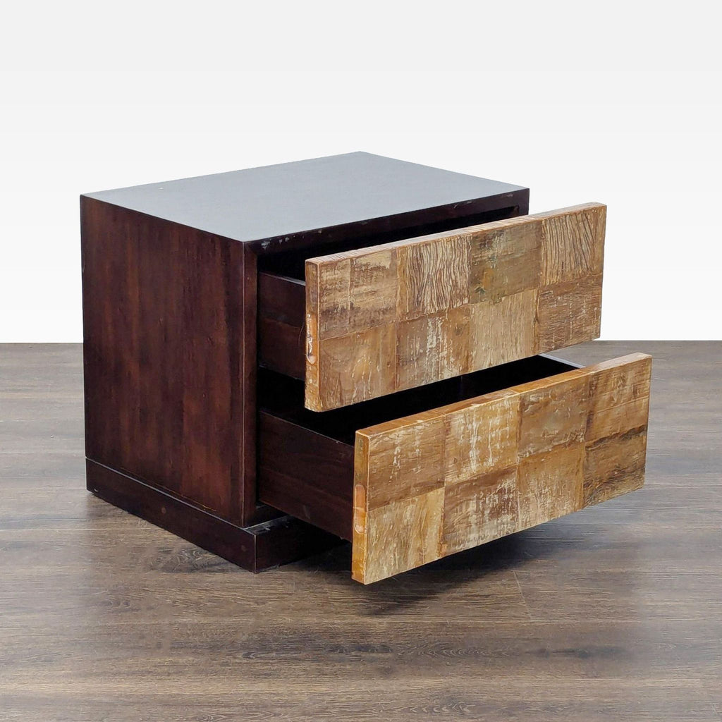 Nightstand showing two spacious drawers with a unique reclaimed wood pattern on the front.