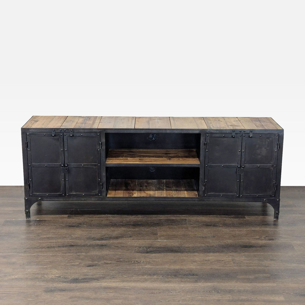 Modern industrial media console with reclaimed wood, black metal frame, shelves, doors, and cable cutouts.
