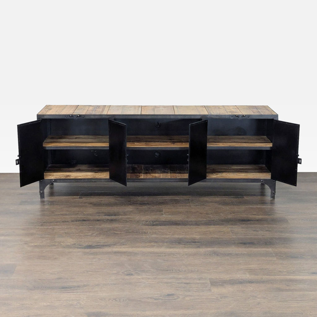 Entertainment center featuring open shelves, four-door storage, rustic wood panels, and black metal accents.