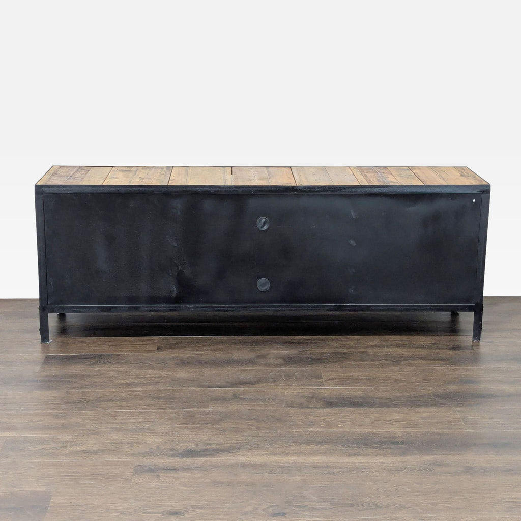 Reclaimed wood TV stand with two open shelves, four storage compartments, and back cutouts for cable management.