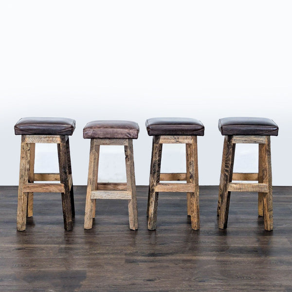 Rustic reclaimed barn wood stool with leather seat by Timeless Journey.