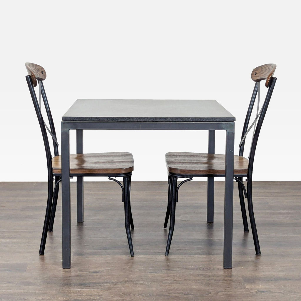 Modern square dining set with metal frame and wood seats, ideal for compact spaces; from Prime Resource.