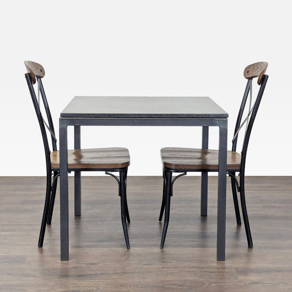Modern square dining set with metal frame and wood seats, ideal for compact spaces; from Prime Resource.