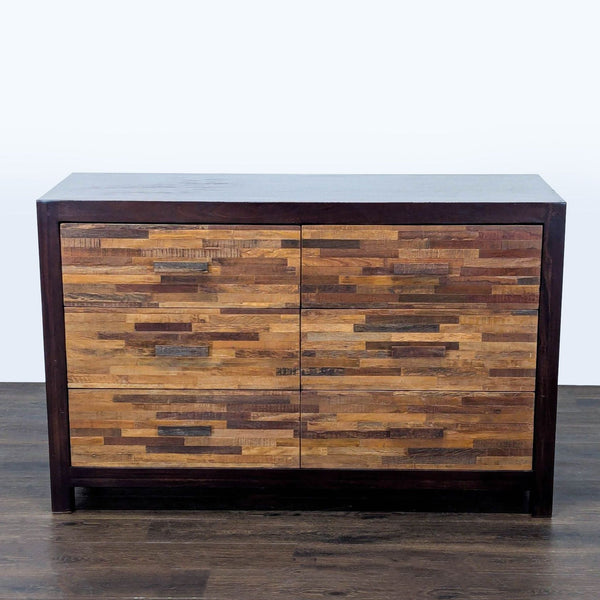 Modern dresser with patchwork wood drawers, six spacious compartments, and a dark solid wood frame by Environment Furniture.  