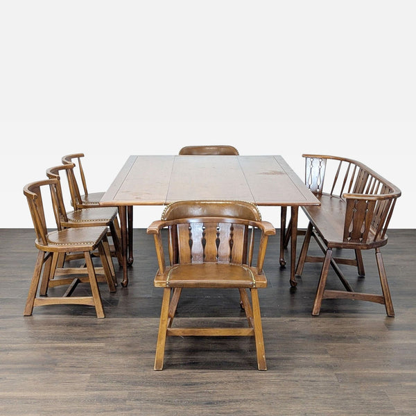 1. Rectangular wooden dining set with four chairs, an armchair, and a bench, seating up to seven people.  