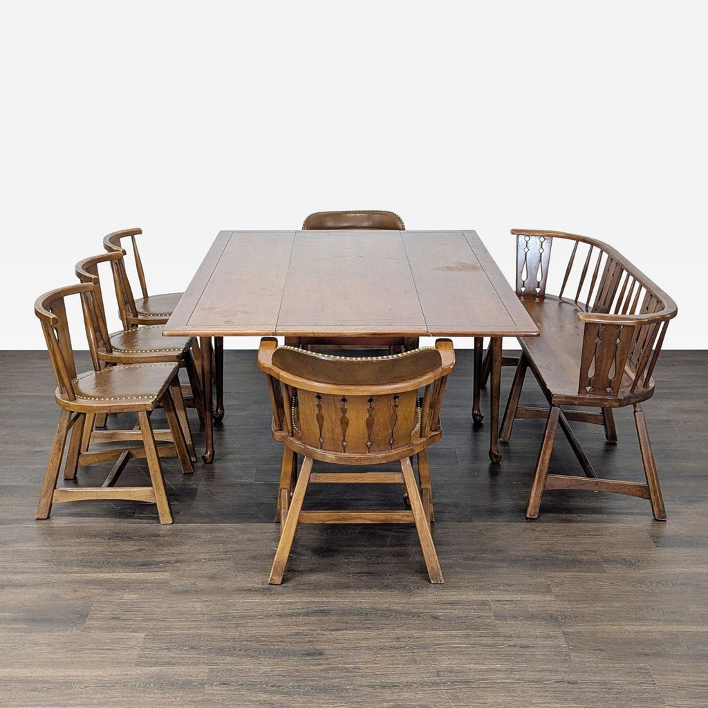 Rustic Wooden Dining Set with Table, 4 Chairs, Armchair, and Bench