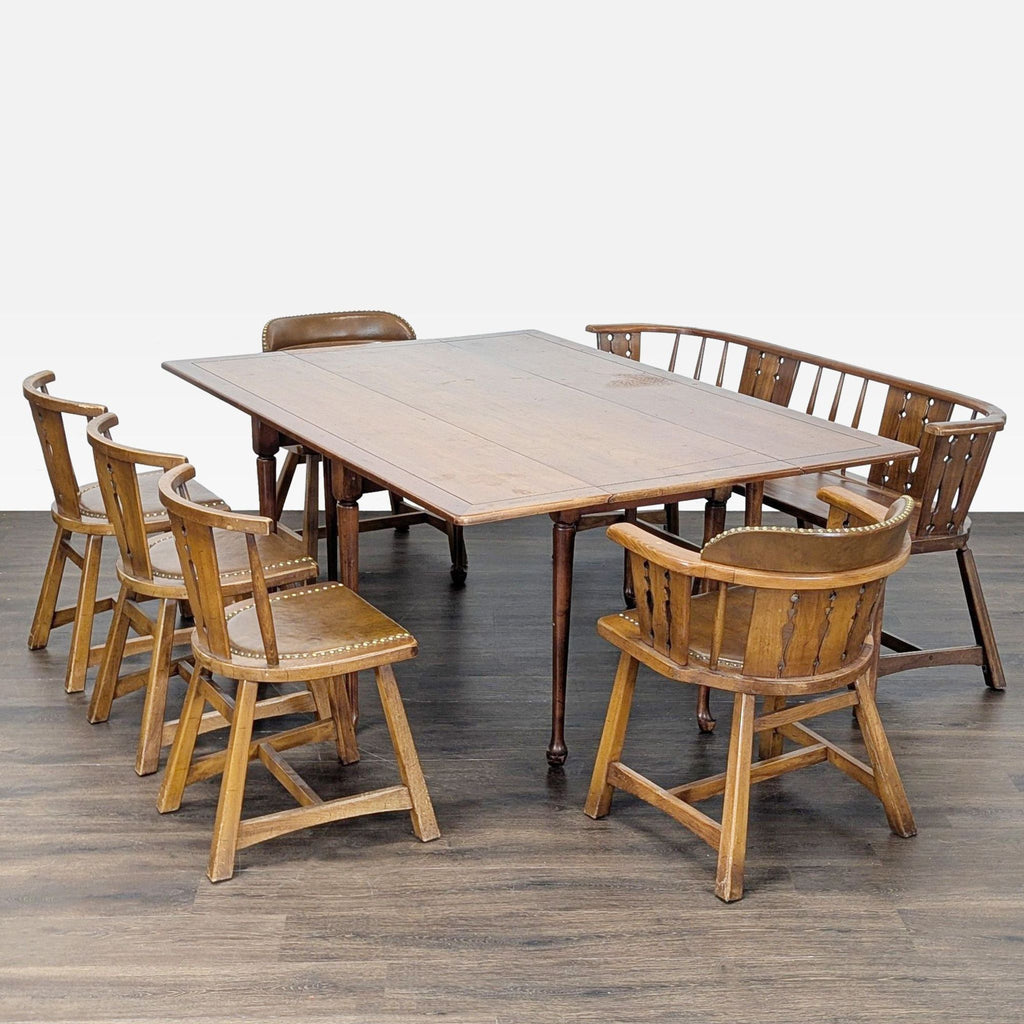 Rustic Wooden Dining Set with Table, 4 Chairs, Armchair, and Bench