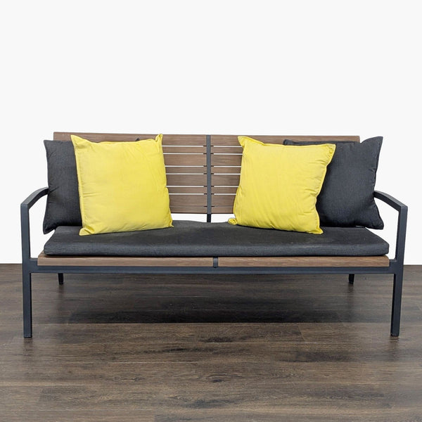 Crate & Barrel Rocha II  Modern Wooden Bench with Cushions and Metal Frame