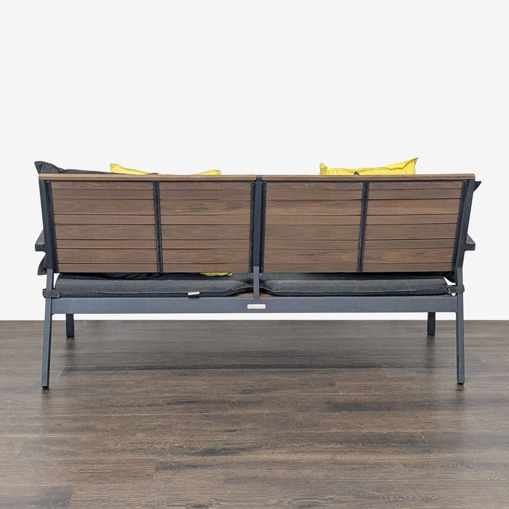 Crate & Barrel Rocha II  Modern Wooden Bench with Cushions and Metal Frame