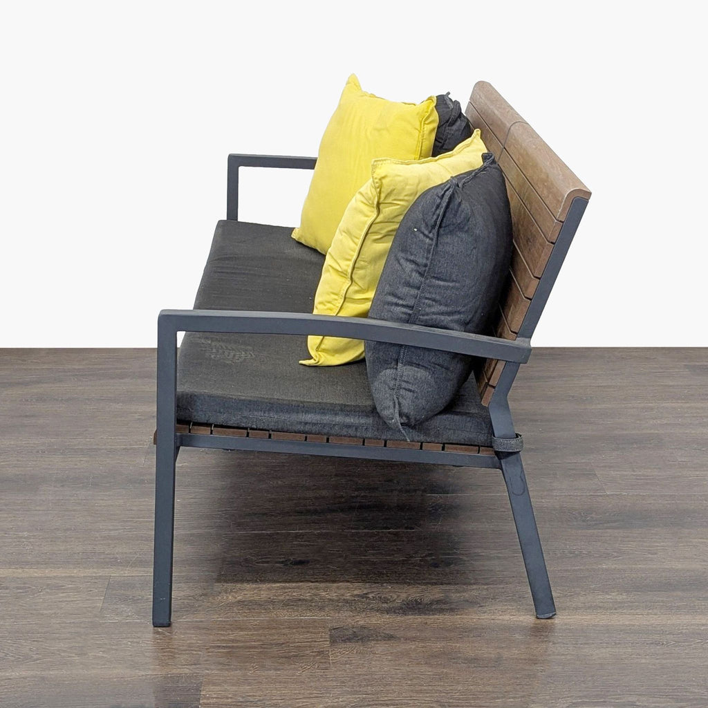 Crate & Barrel Rocha II  Modern Wooden Bench with Cushions and Metal Frame