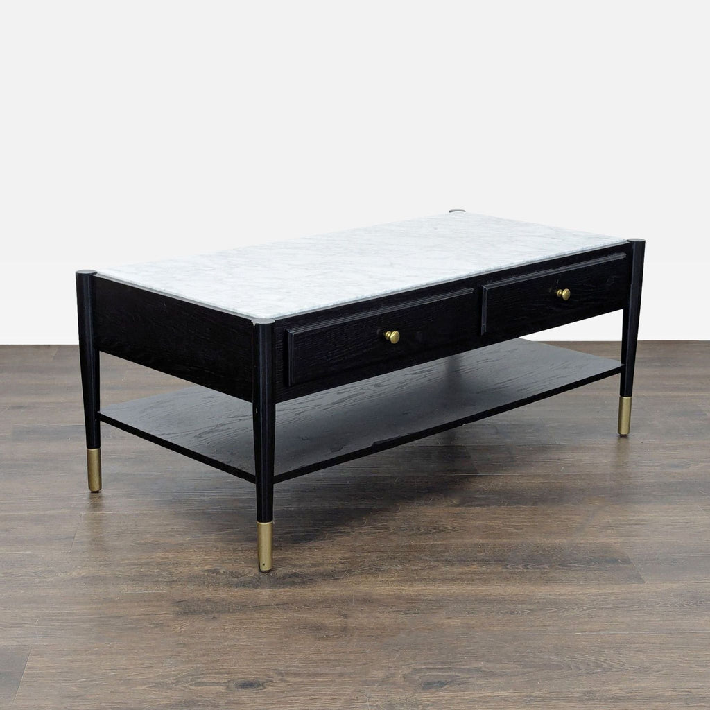 Two Drawer Wood Coffee Table with Marble Top