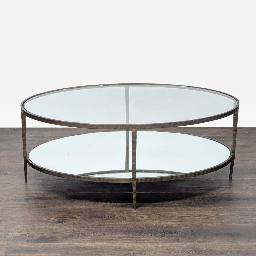 1. Coffee table featuring a sturdy hammered wrought iron base with intricate metalwork details.