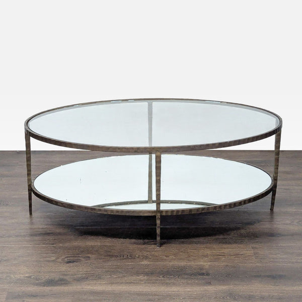 1. Coffee table featuring a sturdy hammered wrought iron base with intricate metalwork details.