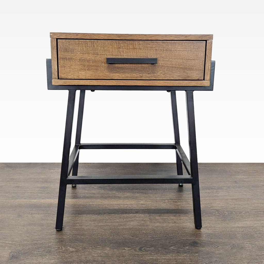 Whalen Furniture wood end table with one drawer and sleek metal frame, styled as a nightstand.