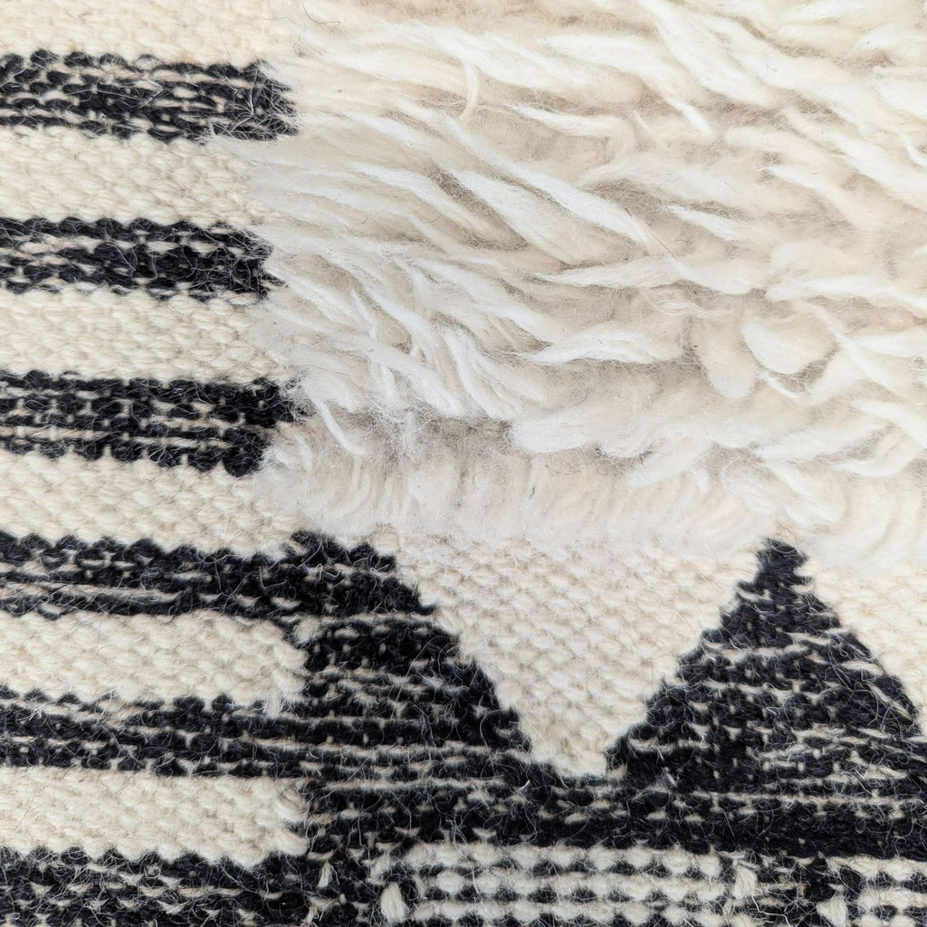 Modern West Elm rug with plush white center, black geometric border, and durable, easy-care design.