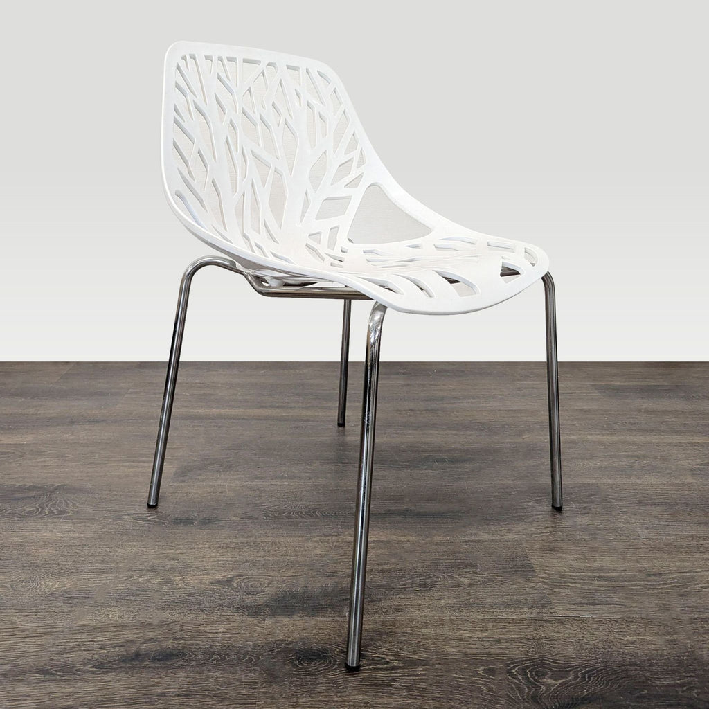 Set of 4 Modern White Tree-Pattern Dining Chairs with Metal Legs
