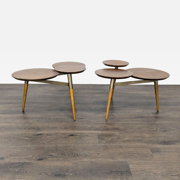 West Elm mid-century end table featuring three walnut wood tiers and antique brass metal frame.