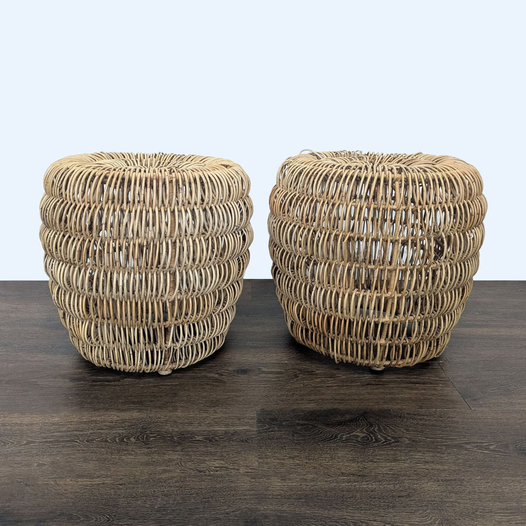 1. Pair of round, open-weave rattan side tables with a natural finish, placed on a dark wood floor.